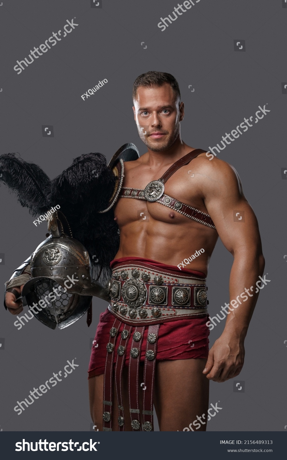 Portrait Ancient Gladiator Plumed Helmet Naked Stock Photo 2156489313