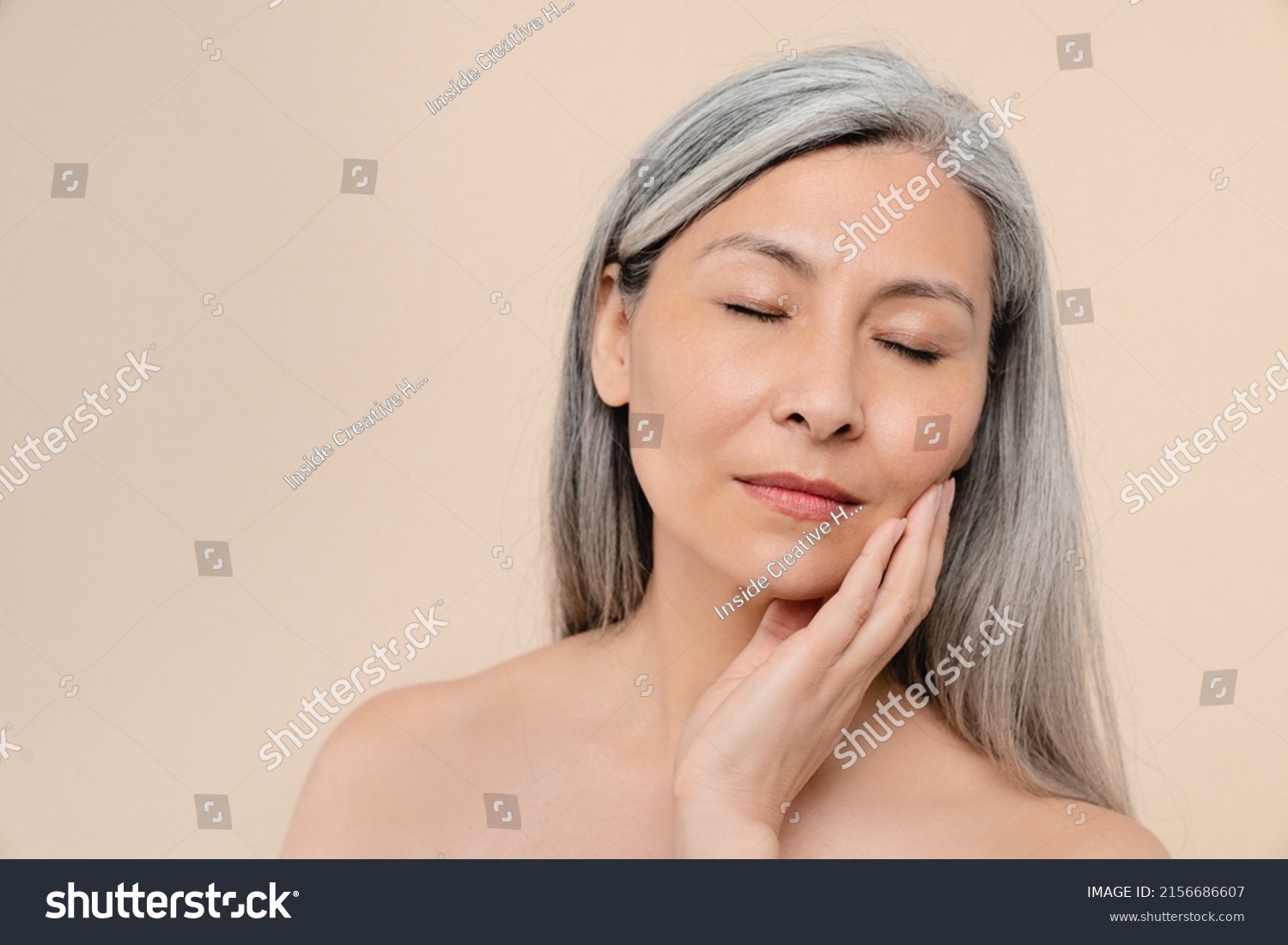 Beautiful Shirtless Caucasian Middleaged Mature Woman Stock Photo