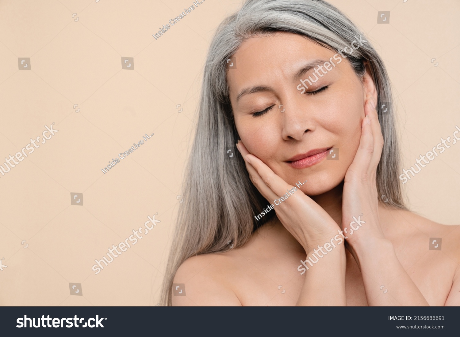 Closeup Cropped Mature Middleaged Woman Grey Stock Photo