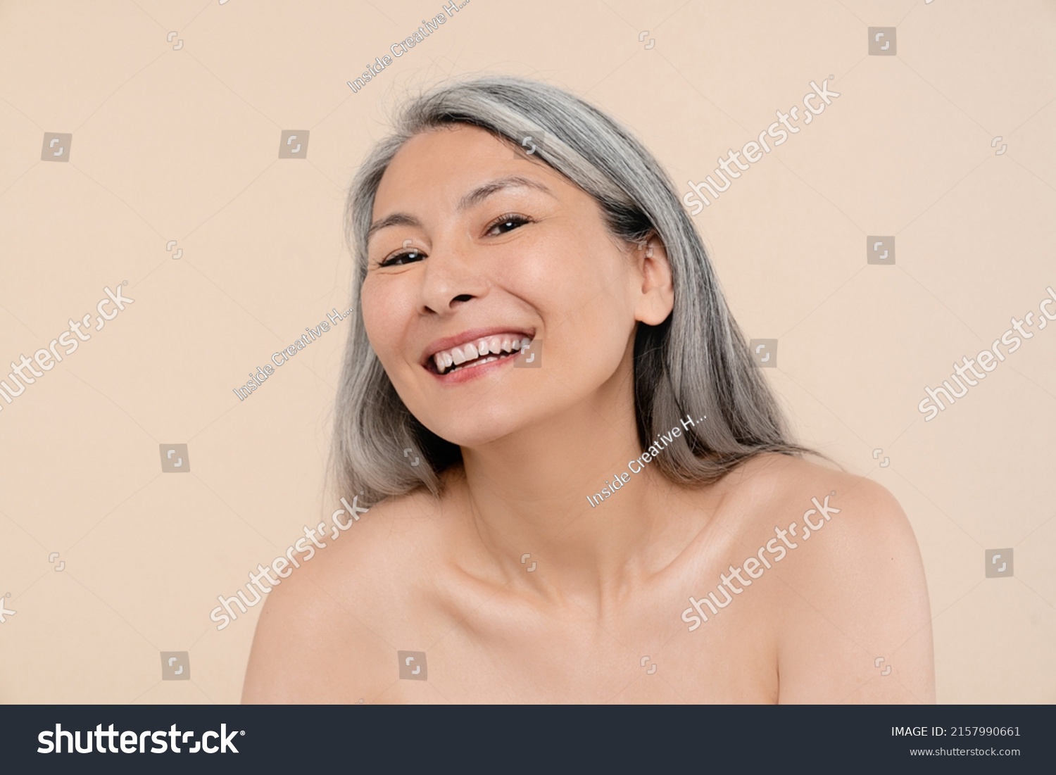 Laughing Beautiful Caucasian Mature Middleaged Naked Stock Photo