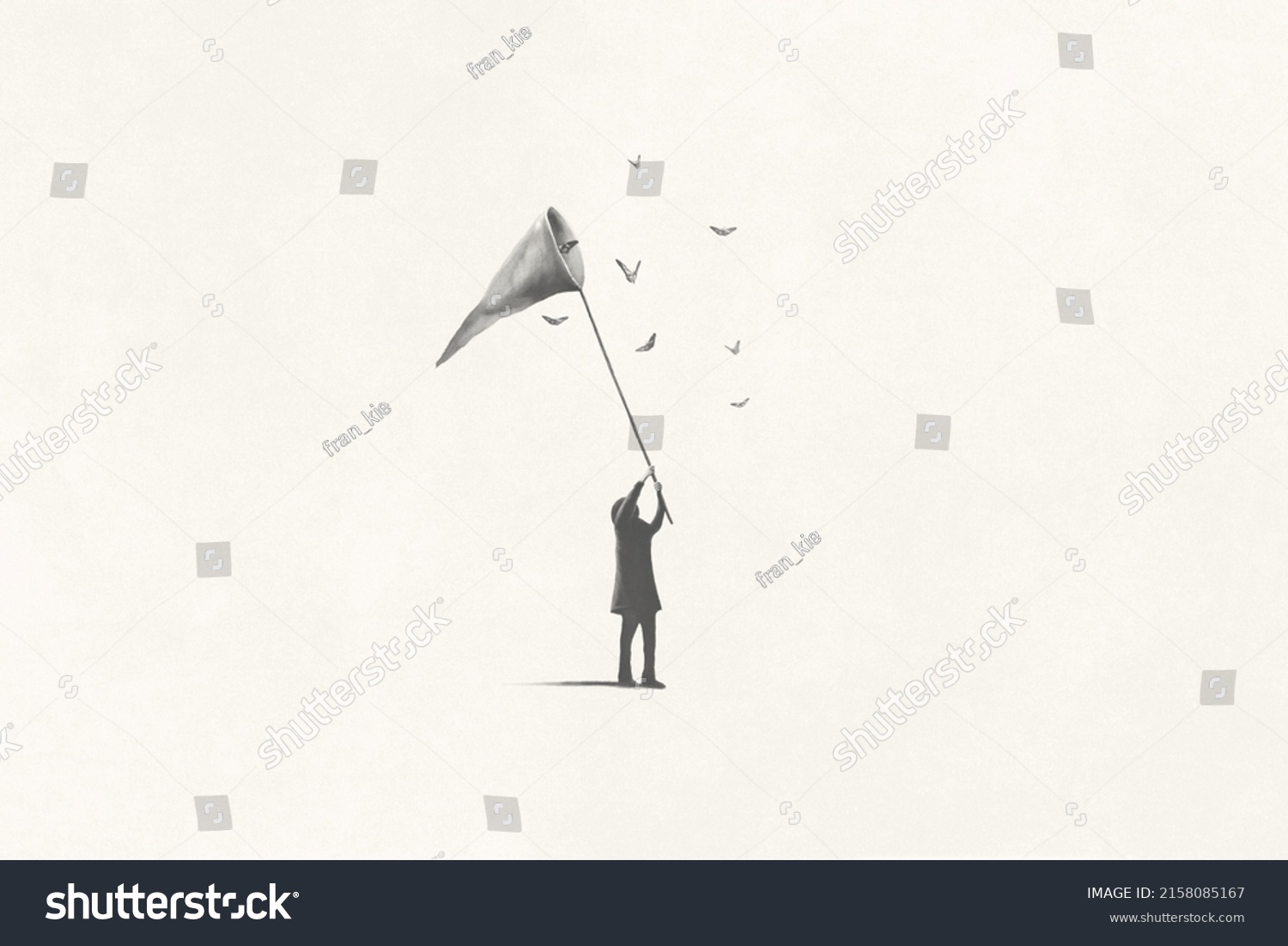 Illustration Man Catching Butterfly Surreal Minimal Stok İllüstrasyon