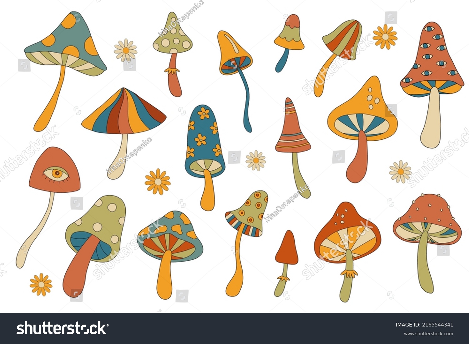 Set Retro Hippie Mushrooms S S Stock Vector Royalty Free