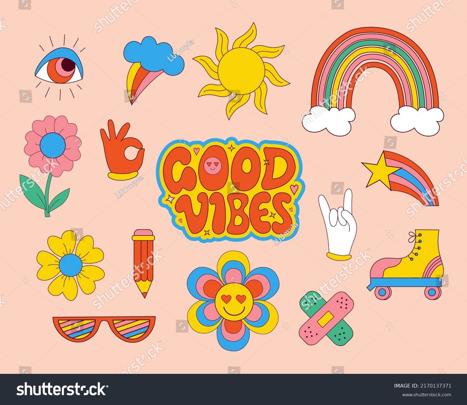 Set Retro S Groovy Elements Cute Stock Vector Royalty Free