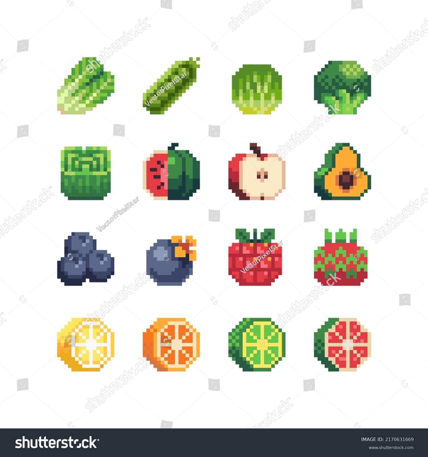 Fruits Vegetables Pixel Art Icons Set Stock Vector Royalty Free