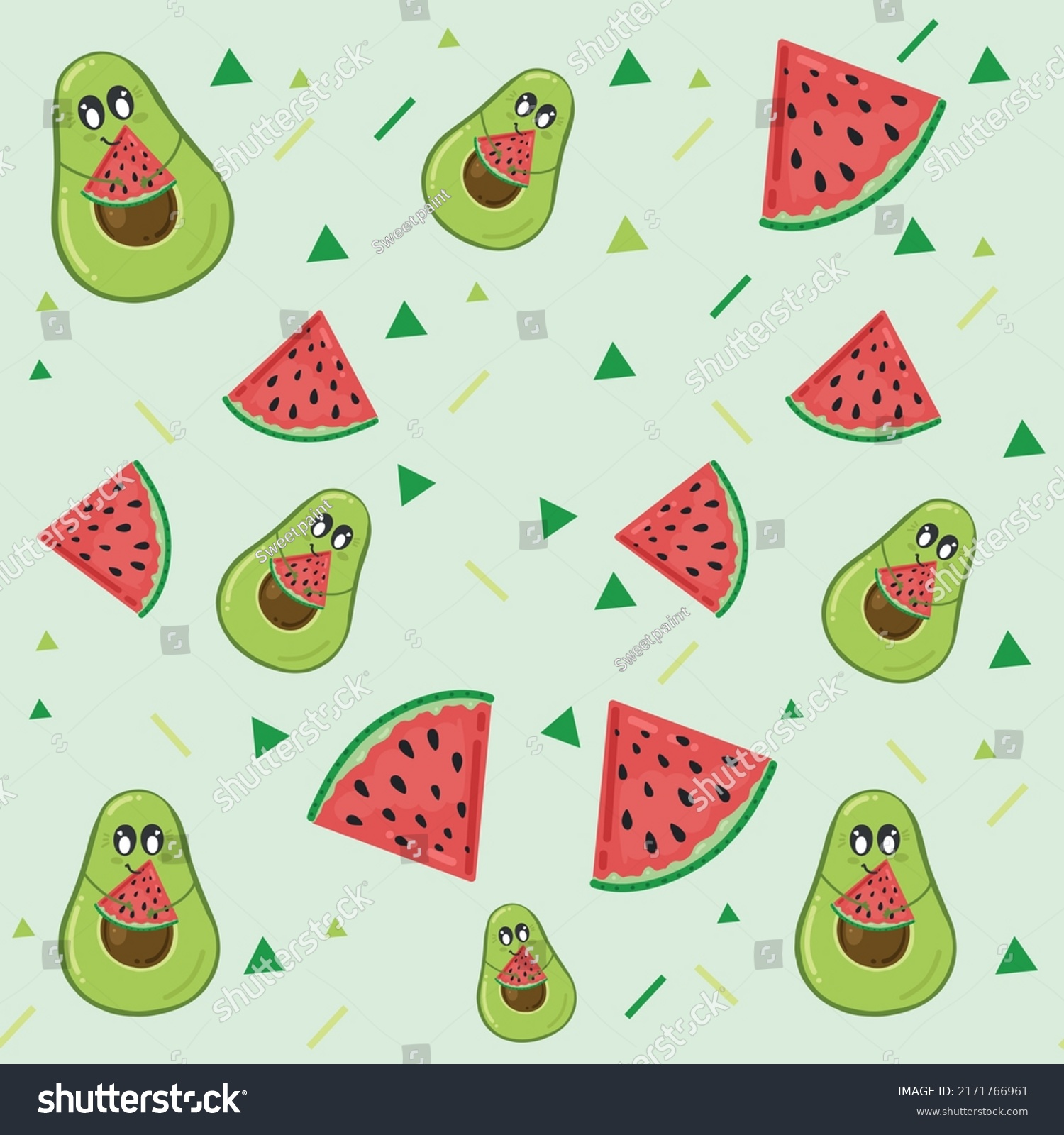 Green Cute Avocado Seamless Pattern Watermelon Stock Vector Royalty