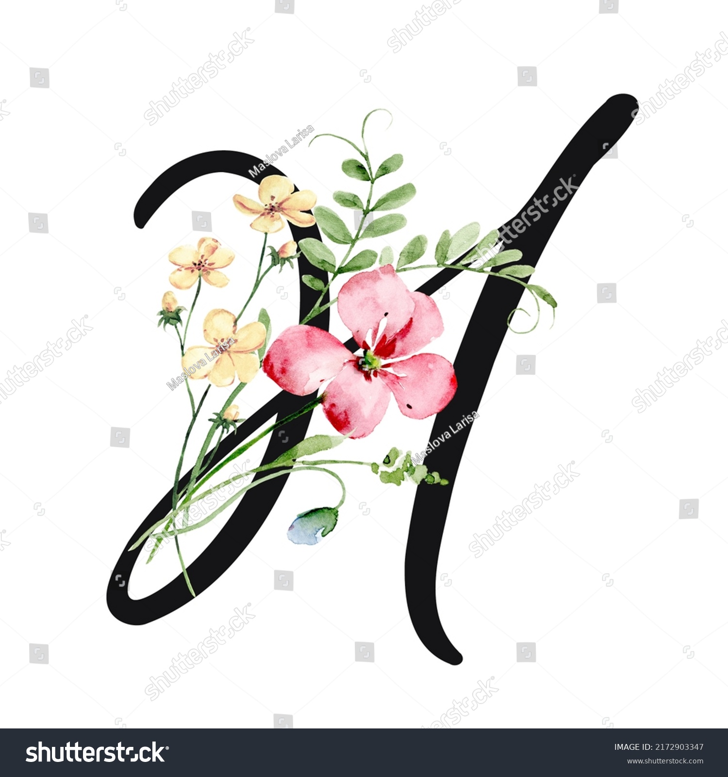 Floral Alphabet Letter H Watercolor Flowers Stock Illustration