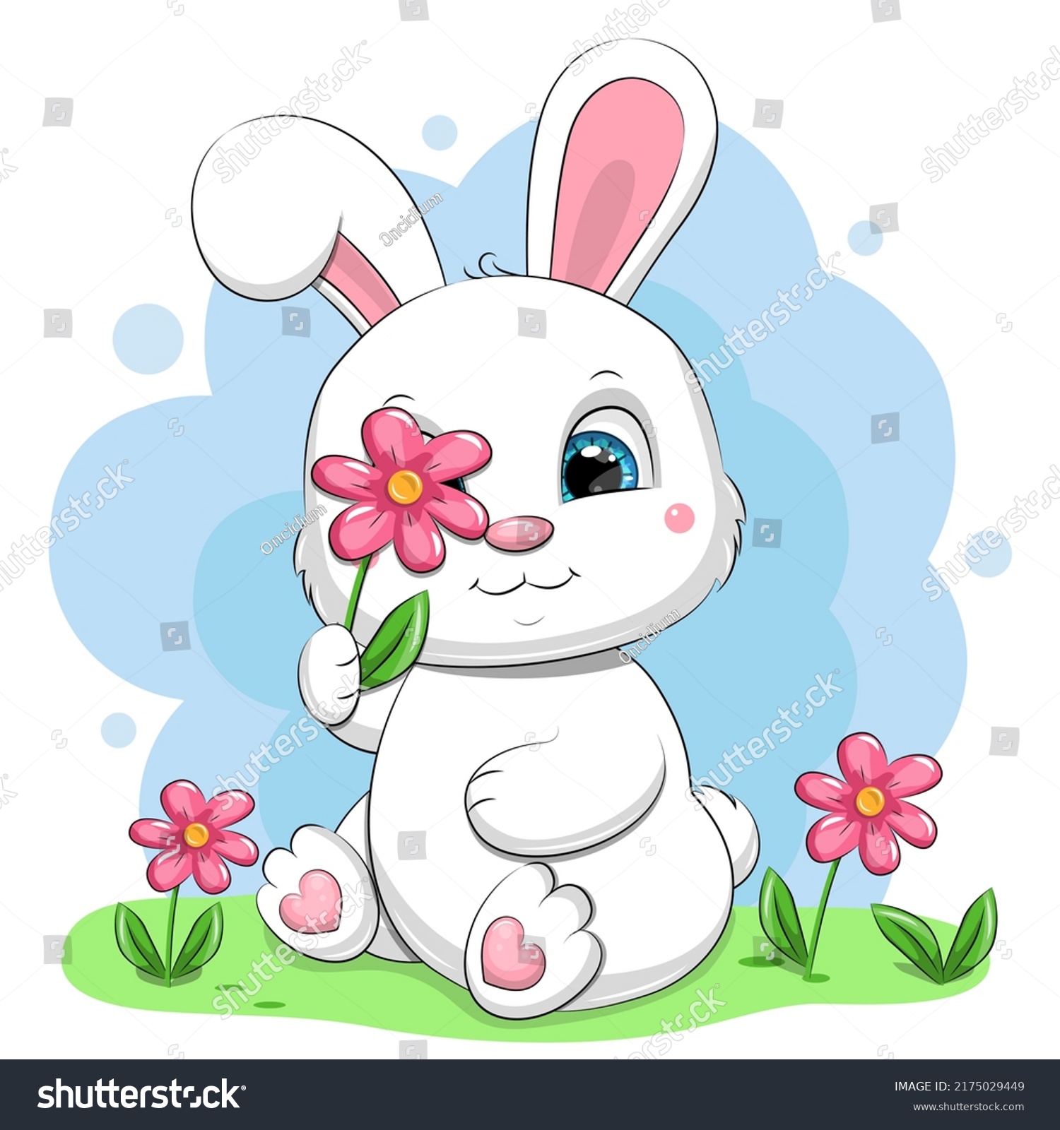 Cute Cartoon White Rabbit Flowers Vector Stock Vector Royalty Free