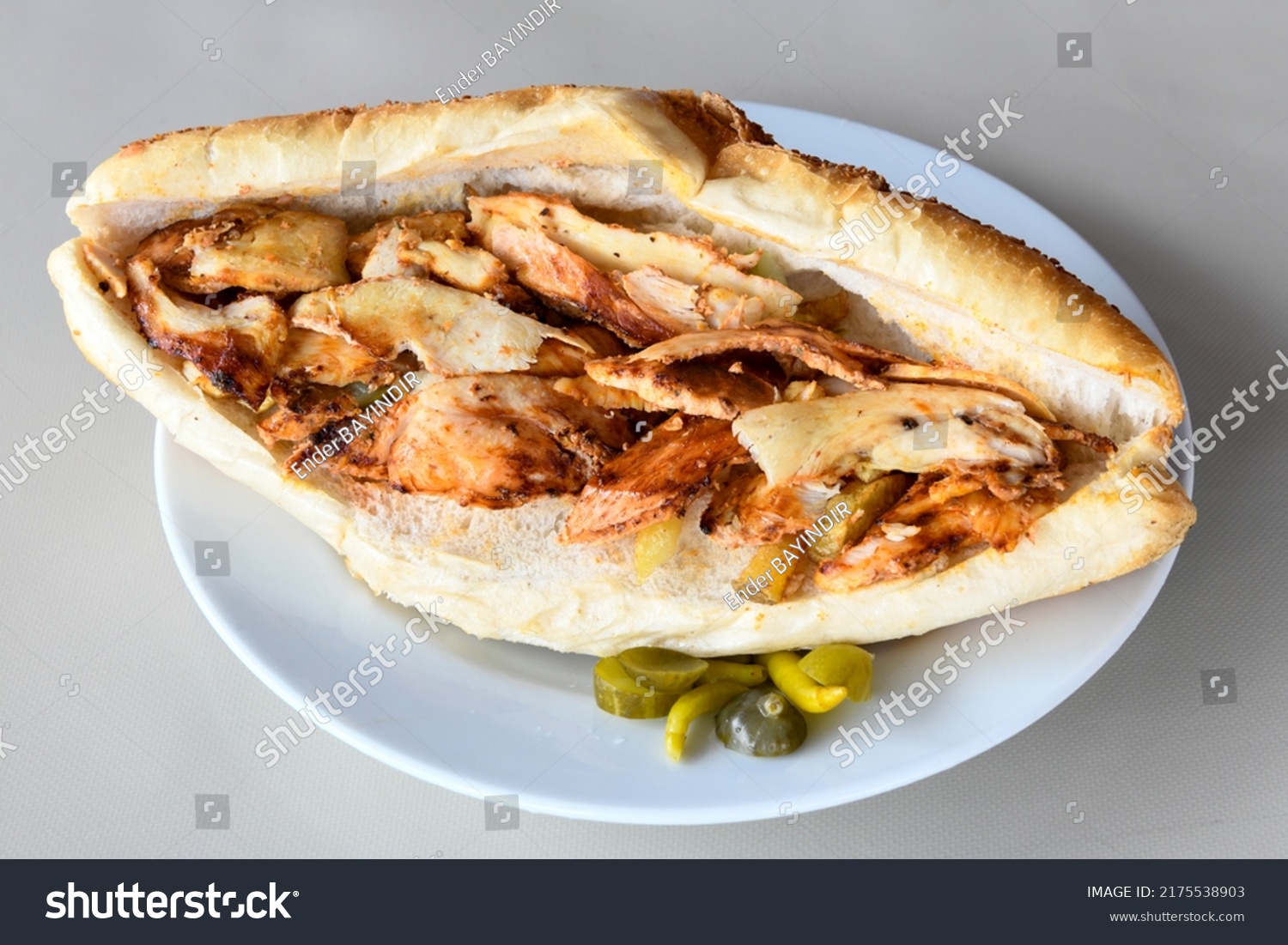 Meat Chicken Doner Between Bread Turkish Stock Photo 2175538903