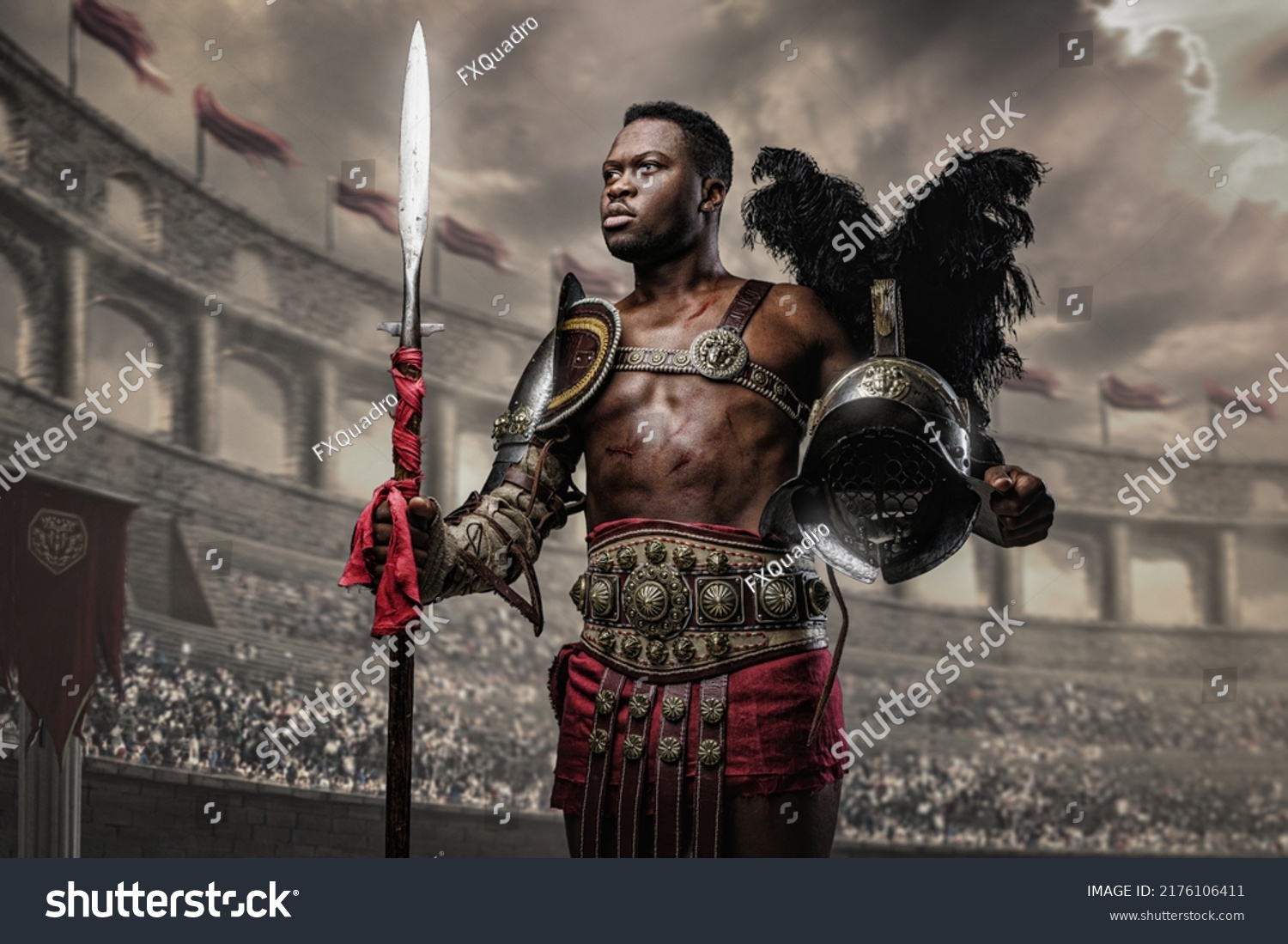 Portrait Victorious Gladiator African Ethnic Holding Stock Photo