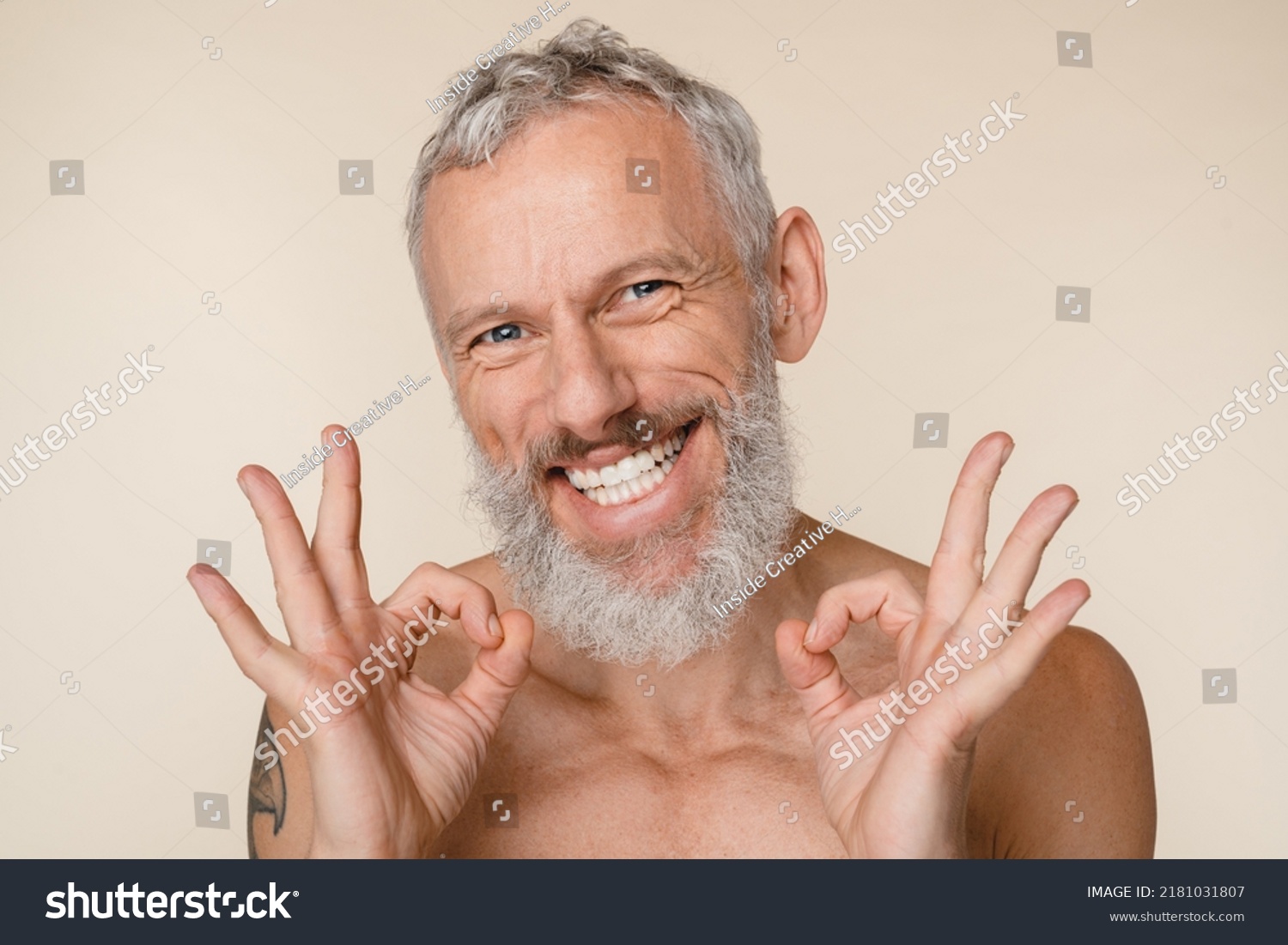 Smiling Caucasian Mature Middleaged Man Bare Stock Photo