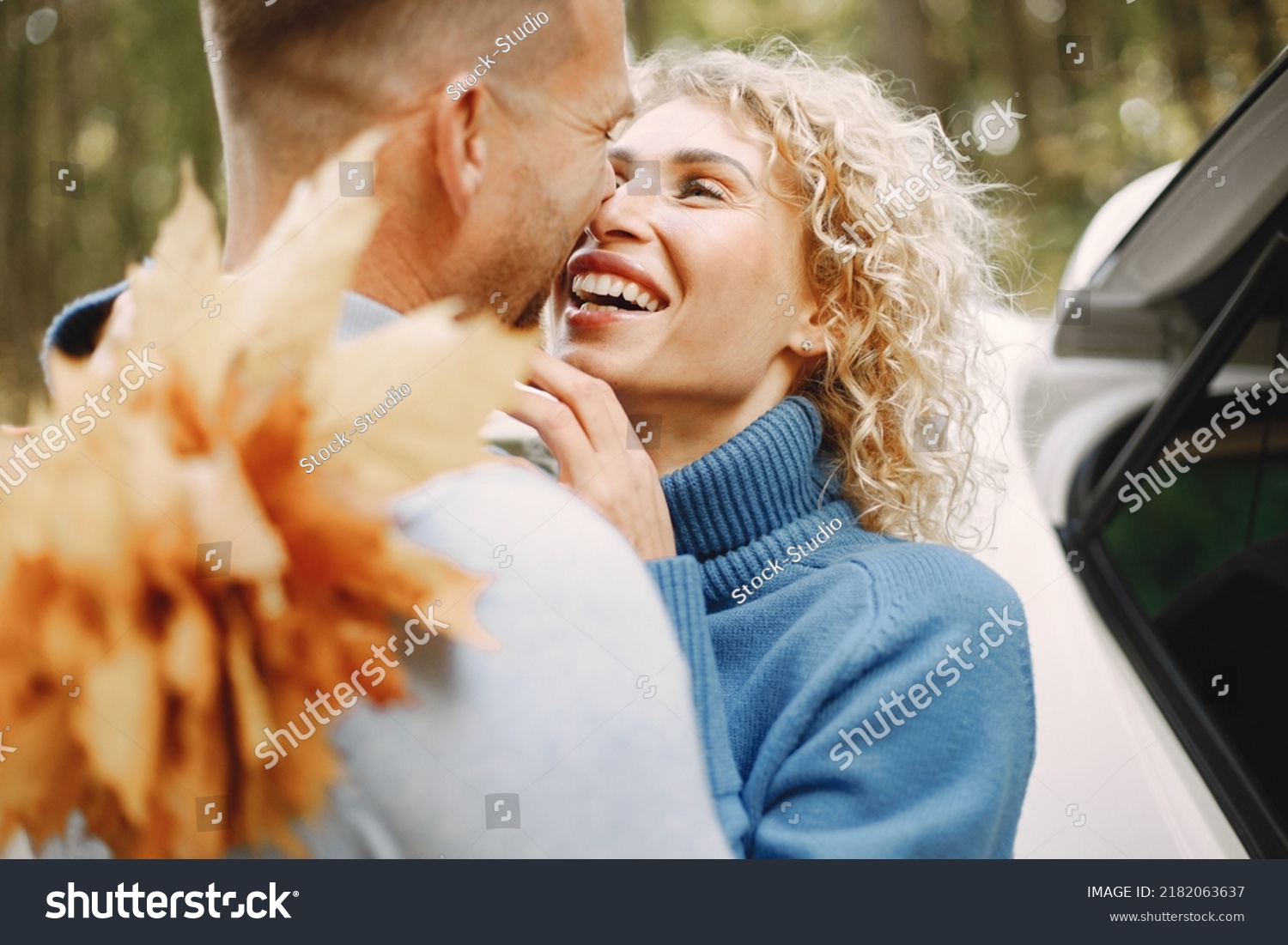 Cropped Photo Blonde Woman Hugging Man Stock Photo 2182063637