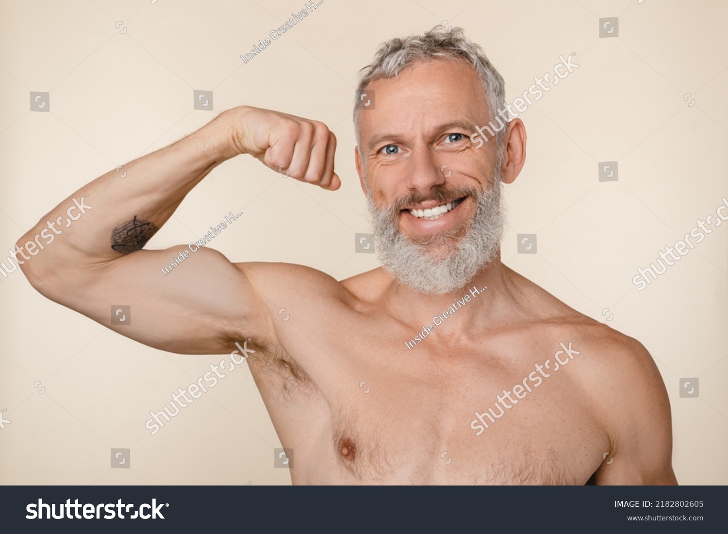 Strong Caucasian Mature Middleaged Man Shirtless Stock Photo