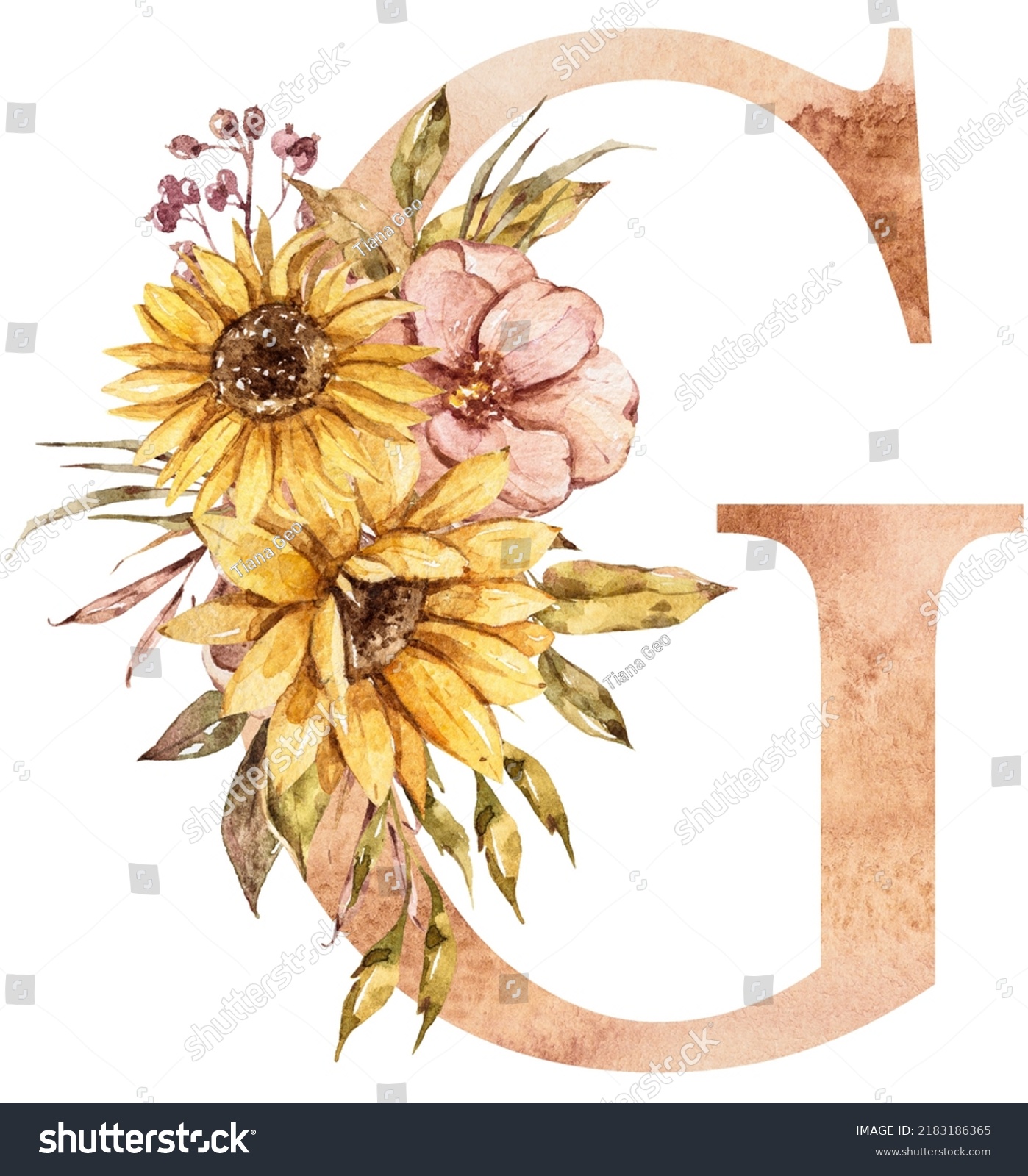 Watercolor Floral Sunflower Bouquets Alphabet Monogtram Stock