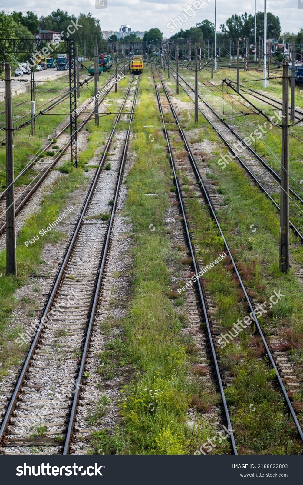 Empty Railroad Tracks Overgrown Grass Without Stock Photo