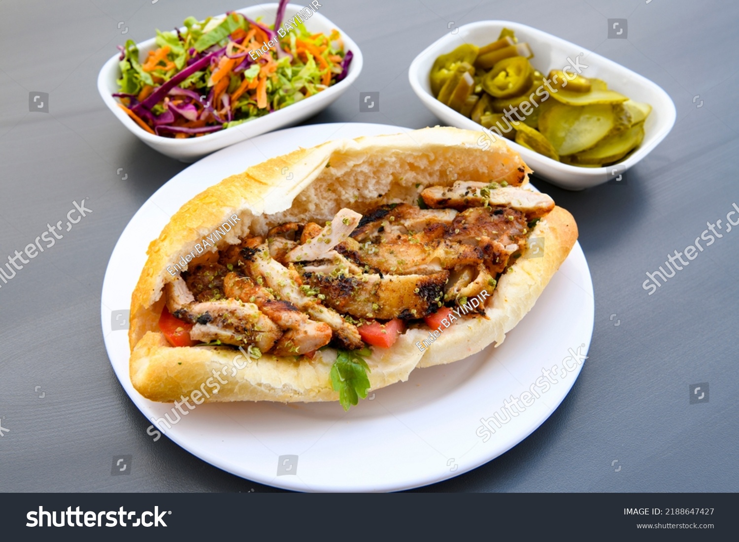 Meat Chicken Doner Between Bread Turkish Stock Photo 2188647427