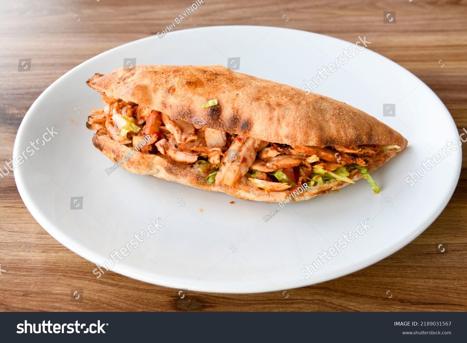 Meat Chicken Doner Between Bread Turkish Stock Photo 2189031567