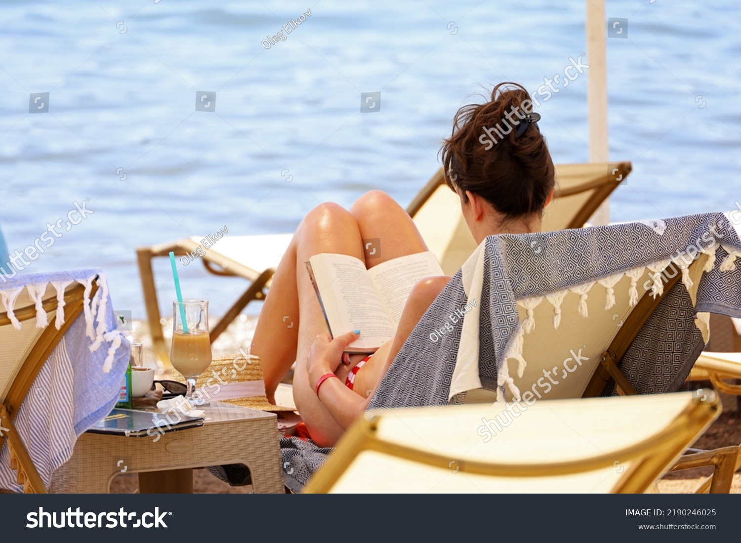 Woman Bikini Reading Book Sitting Deck Stock Photo 2190246025