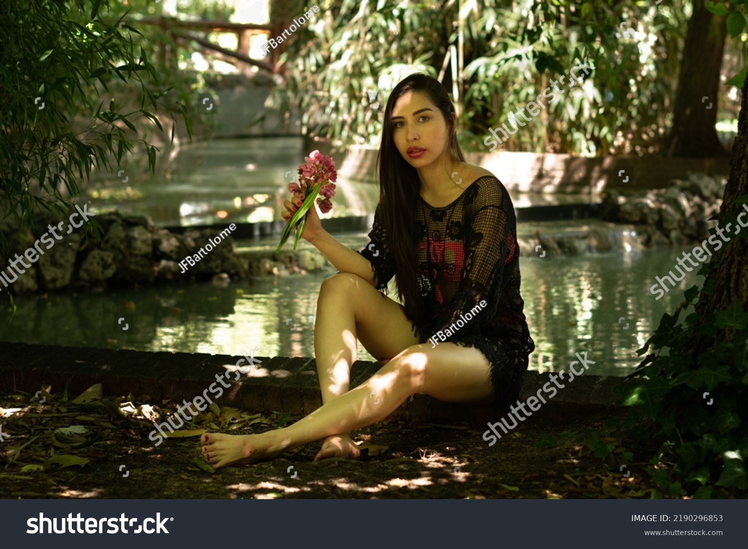 Venezuelan Brunette Girl Bikini Park Leaning Stock Photo 2190296853