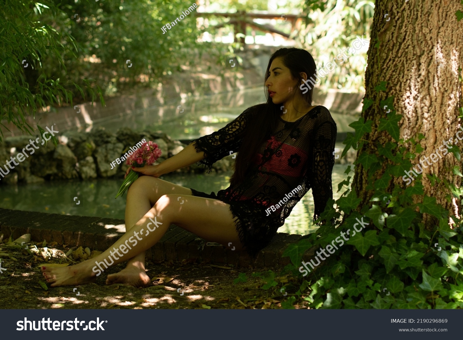 Venezuelan Brunette Girl Bikini Park Leaning Stock Photo 2190296869