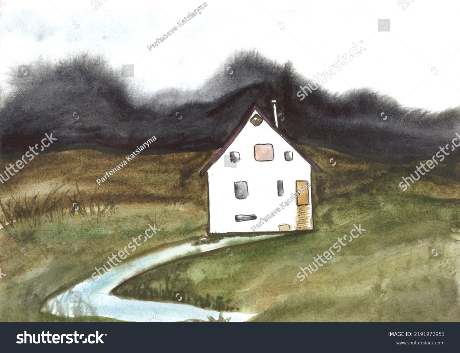 Watercolor Painting Indian Village House Green Stock Illustration