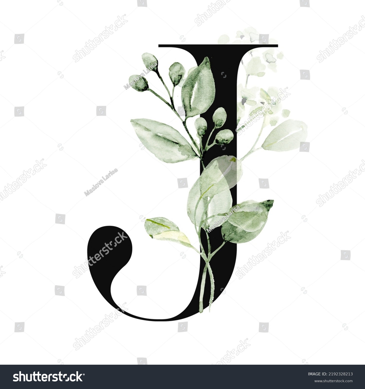 Floral Alphabet Letter J Watercolor Leaf Stock Illustration