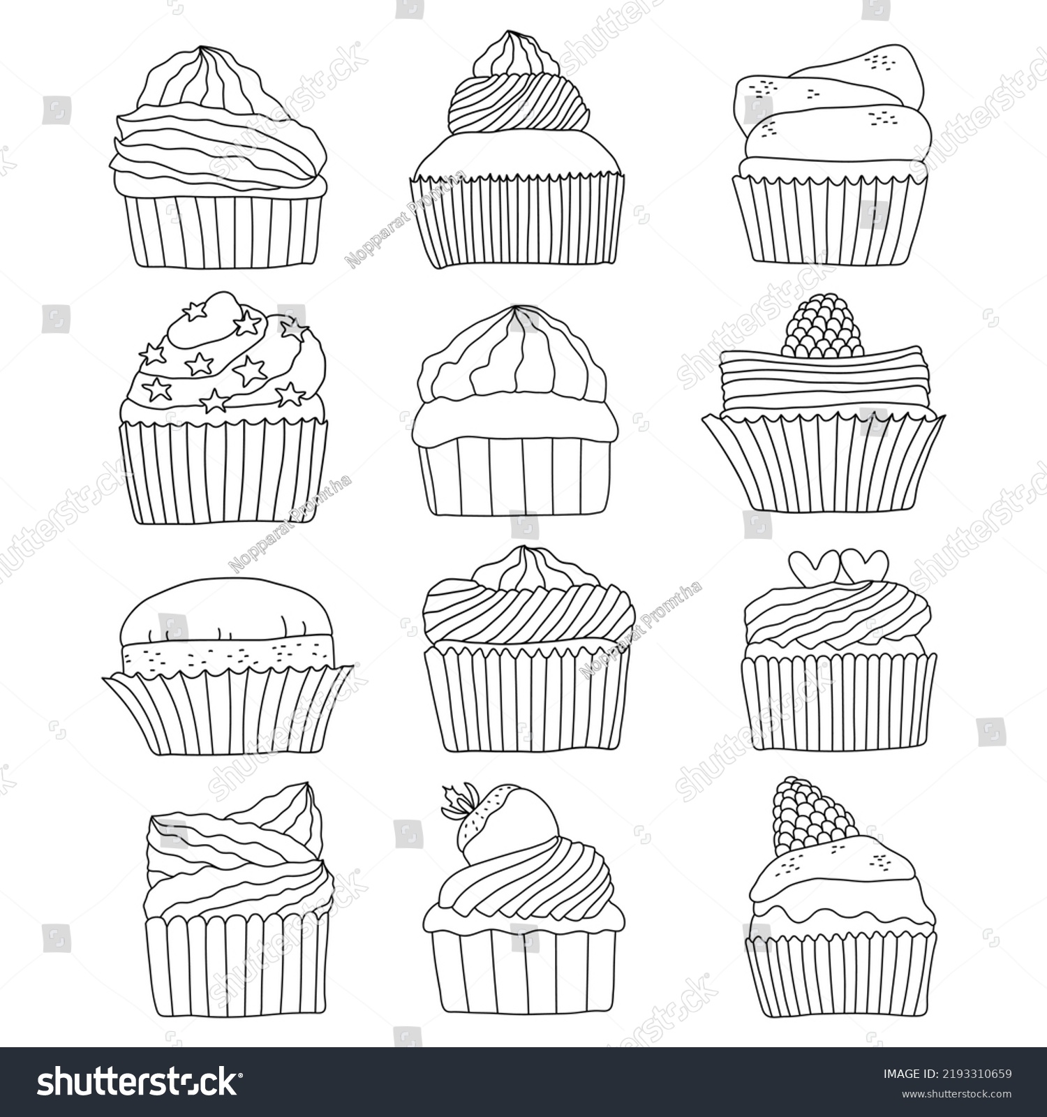 Hand Drawn Variety Sweet Cupcakes Collection Stock Vector Royalty Free