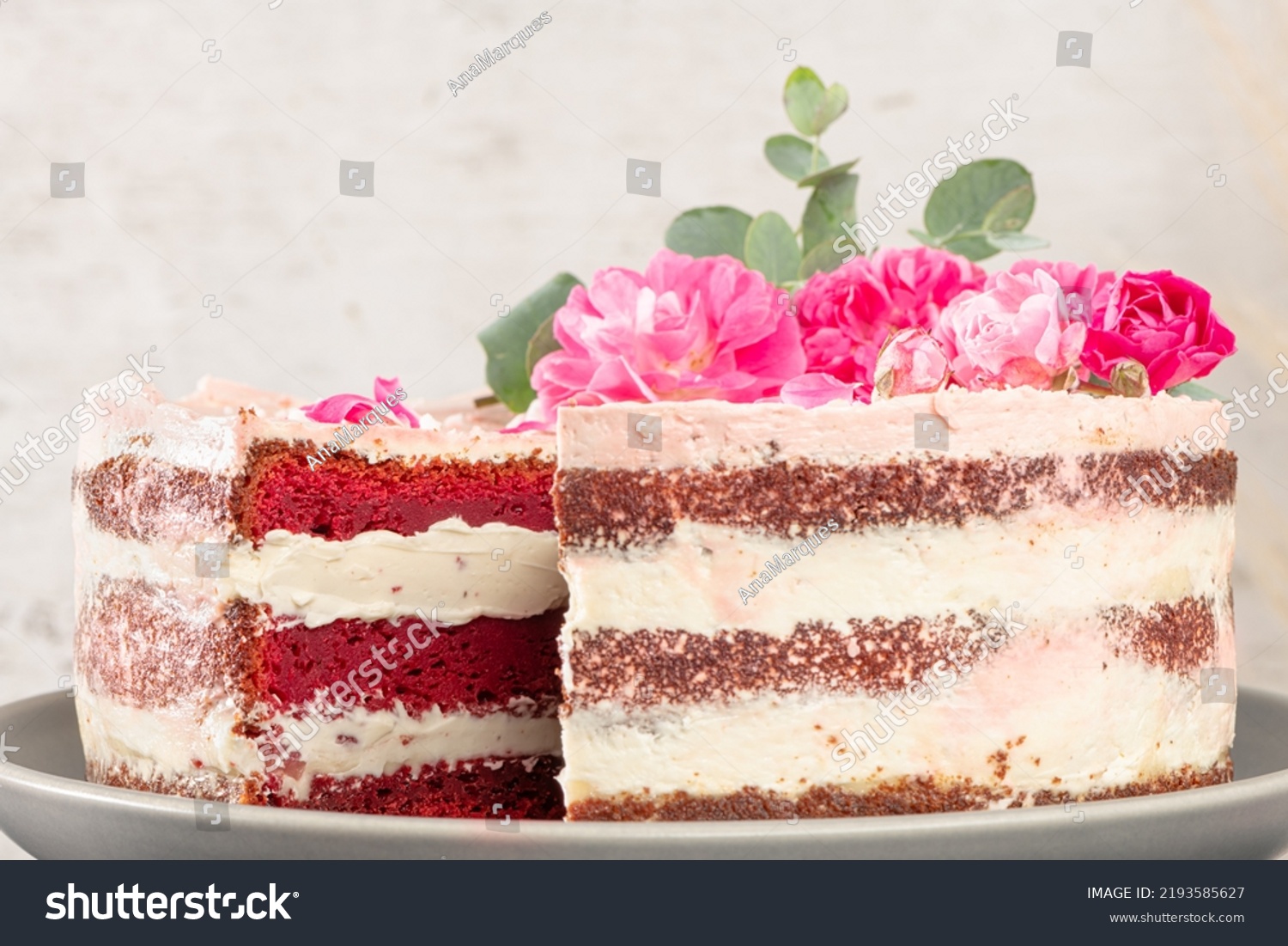 Red Velvet Naked Cake Fresh Roses Stock Photo Shutterstock