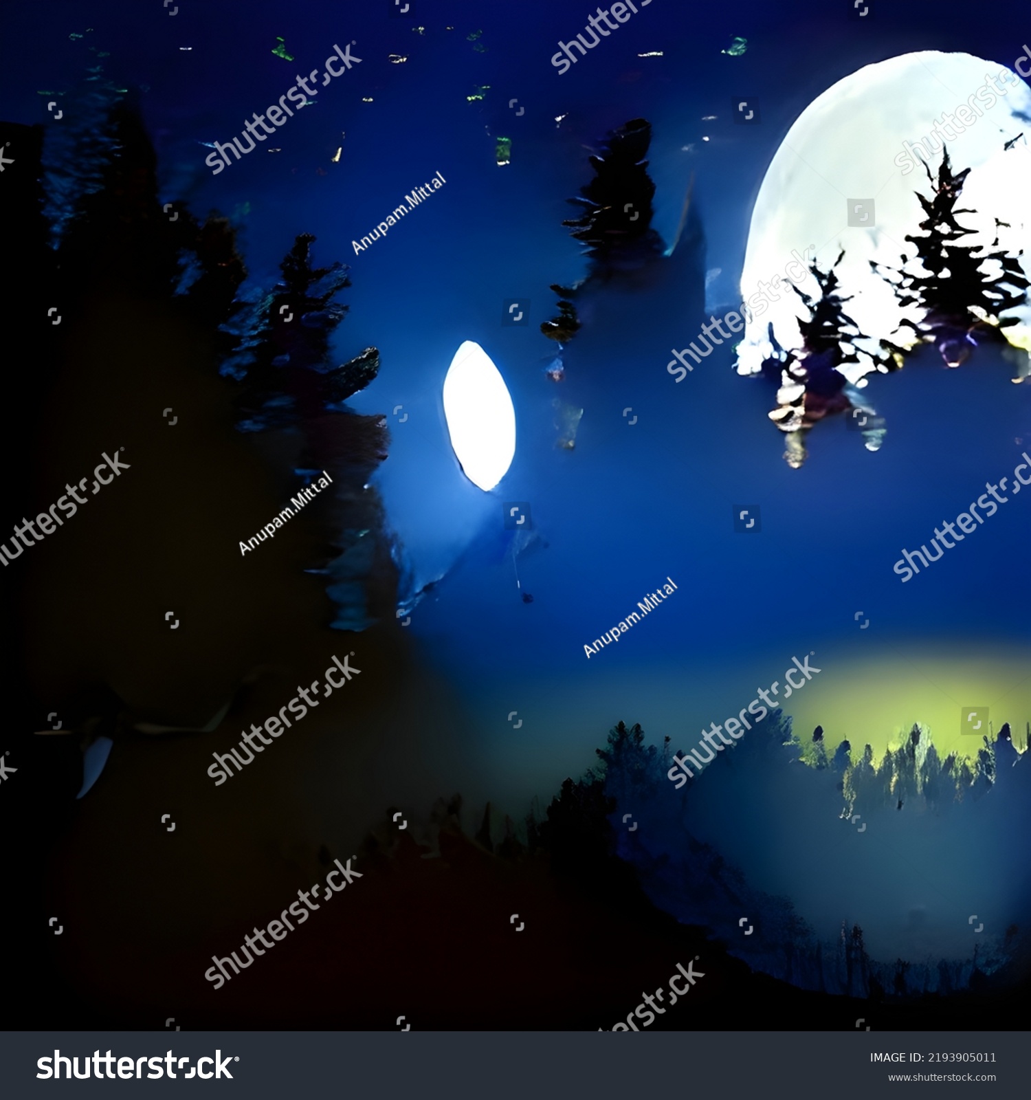 Full Moon Over Spruce Trees Magic Stock Illustration 2193905011