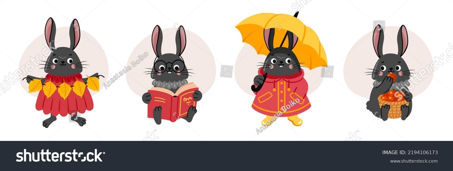 Set Cute Rabbit Cartoon Characters Black Stock Vector Royalty Free