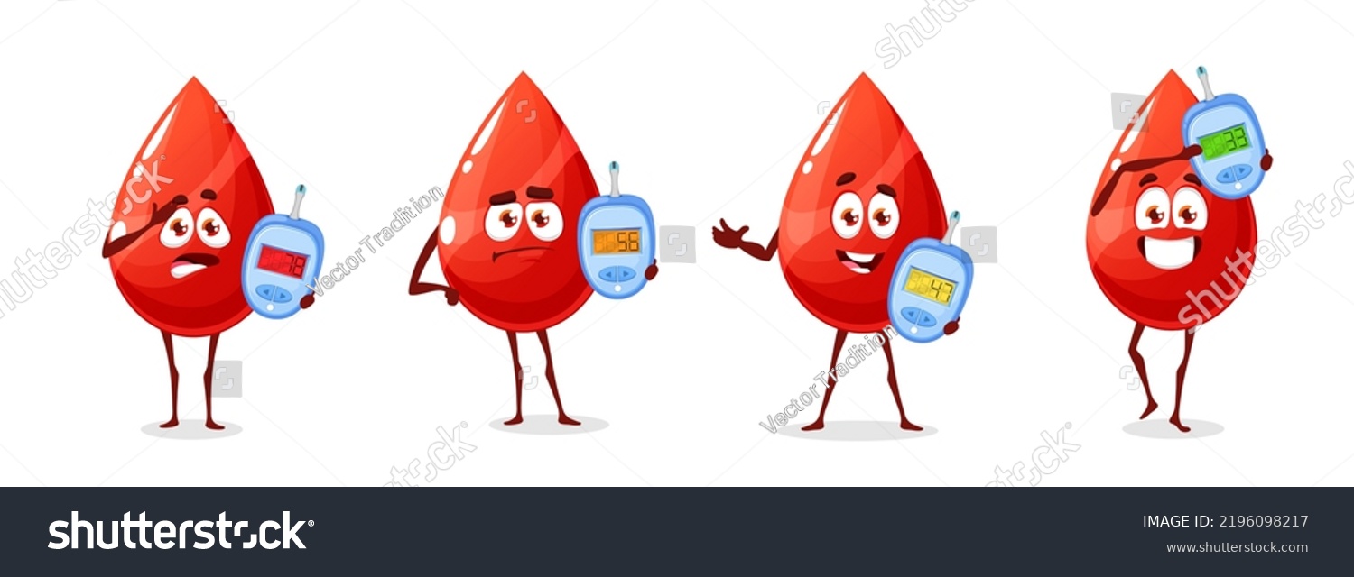 Diabetes Characters Cartoon Blood Drops Glucometer Stock Vector