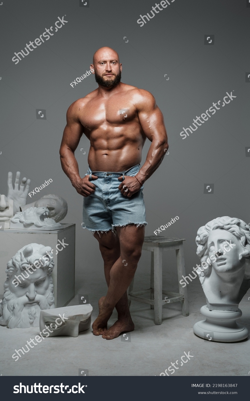 Portrait Muscular Guy Beard Naked Torso Stock Photo