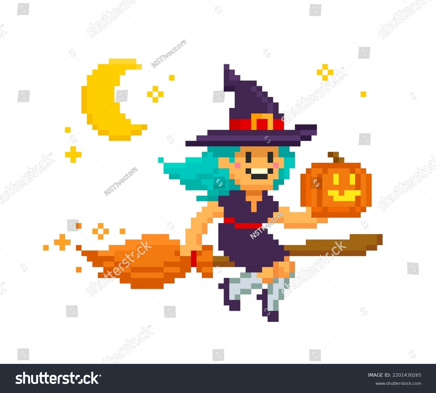 Pixel Art Flying Witch On Broom Stock Vector Royalty Free