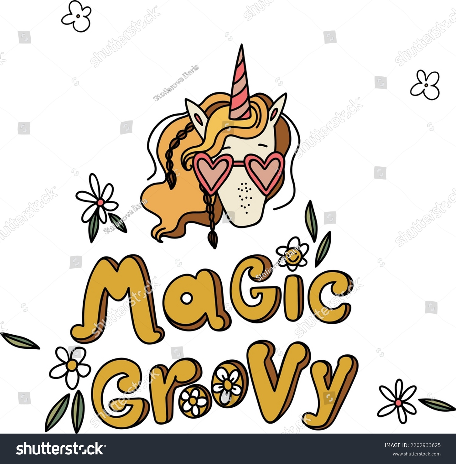 Groovy Style Cute Unicorn Hippie Design Stock Vector Royalty Free