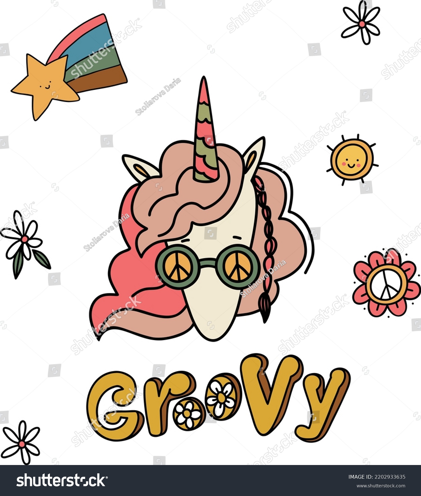 Groovy Style Cute Unicorn Hippie Design Stock Vector Royalty Free