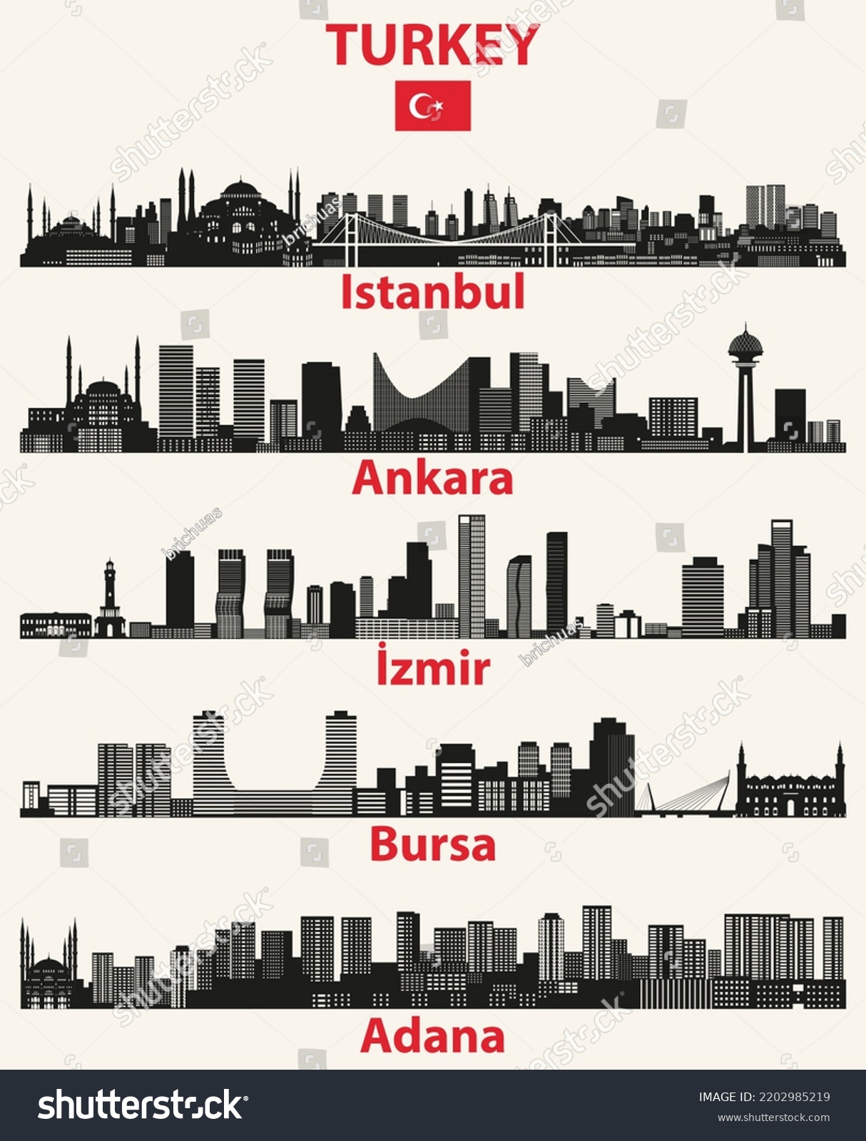 Turkey Cities Skylines Silhouettes Vector Set Stock Vector Royalty