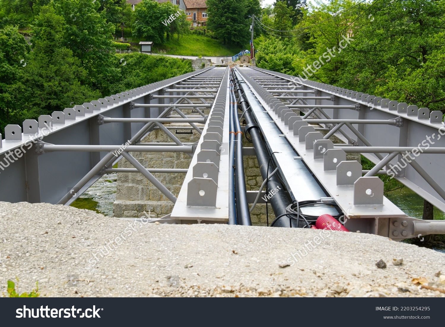 Renovation Metall Pedestrian Bridge Over River Stock Photo 2203254295