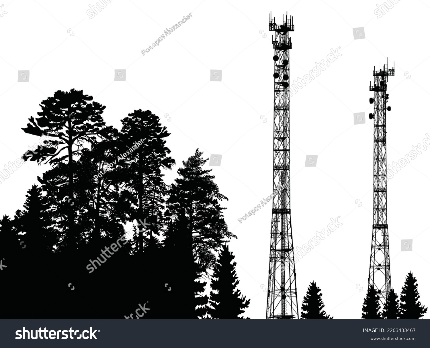 Illustration Antenna Tower Silhouettes Black Forest Stock Vector