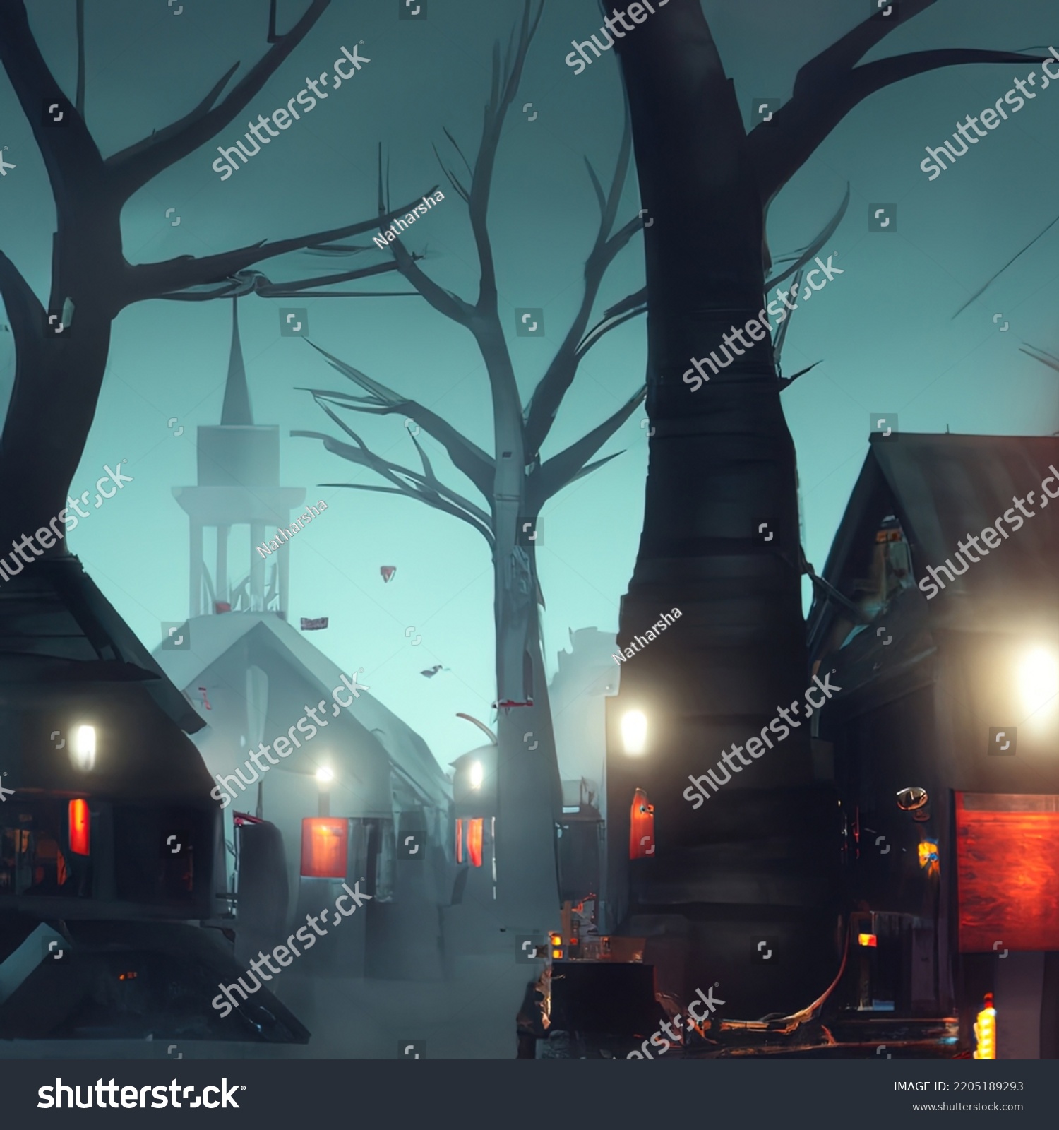 Scary Small Old Town Spooky Huts Stock Illustration