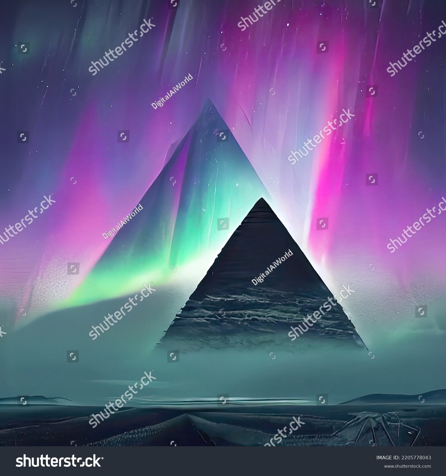 Egyptian Pyramids During Aurora Borealis Stock Illustration 2205778043