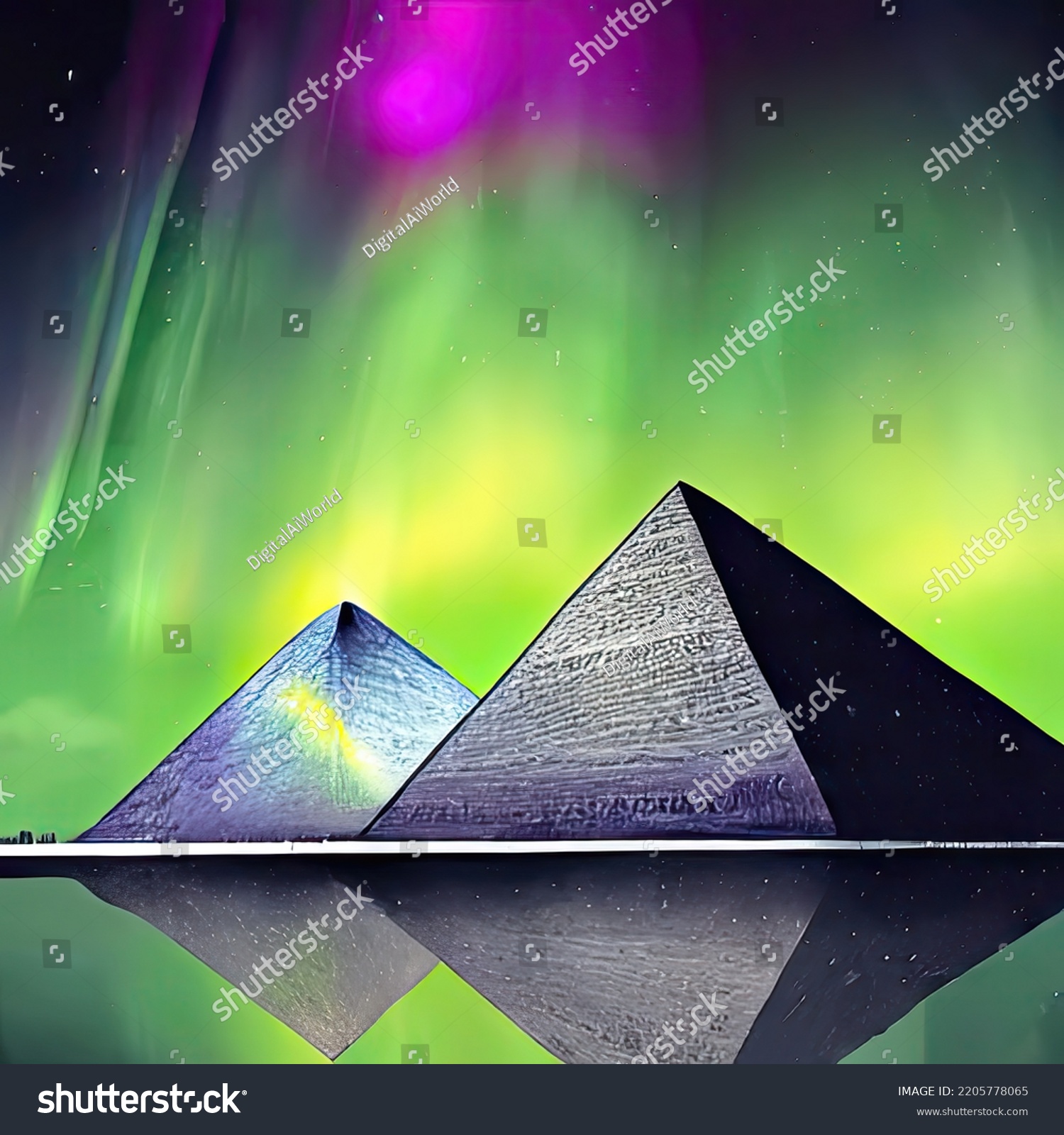 Egyptian Pyramids During Aurora Borealis Stock Illustration