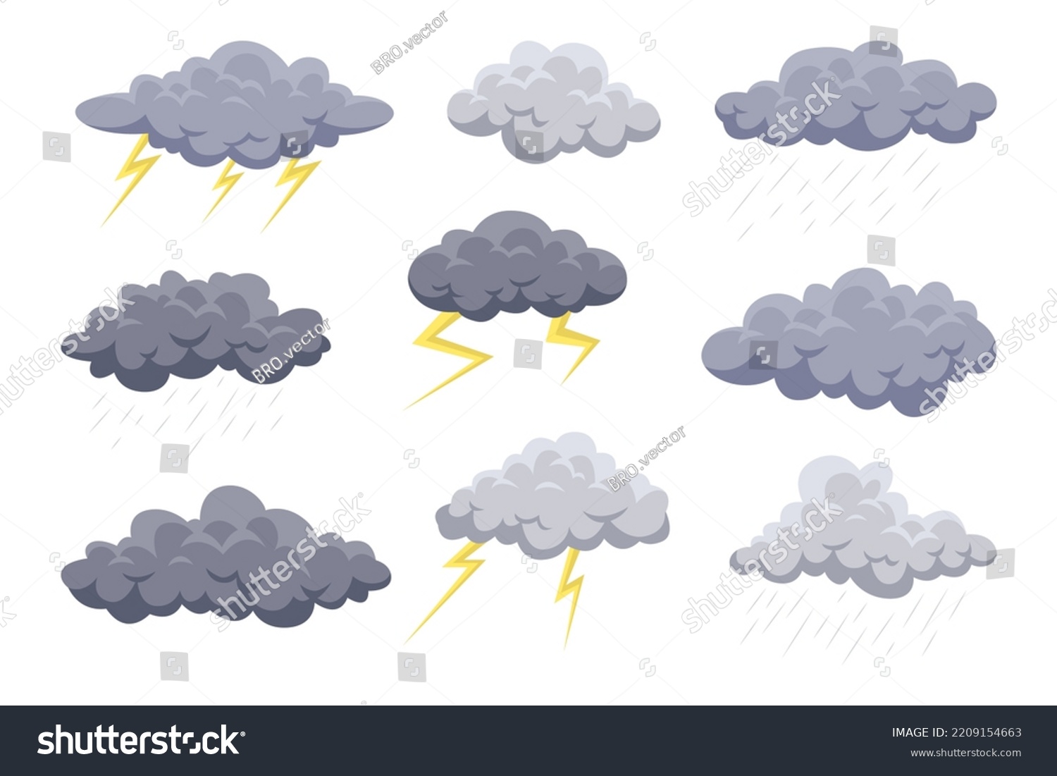 Grey Clouds Rain Lightning Vector Illustrations Stock Vector Royalty