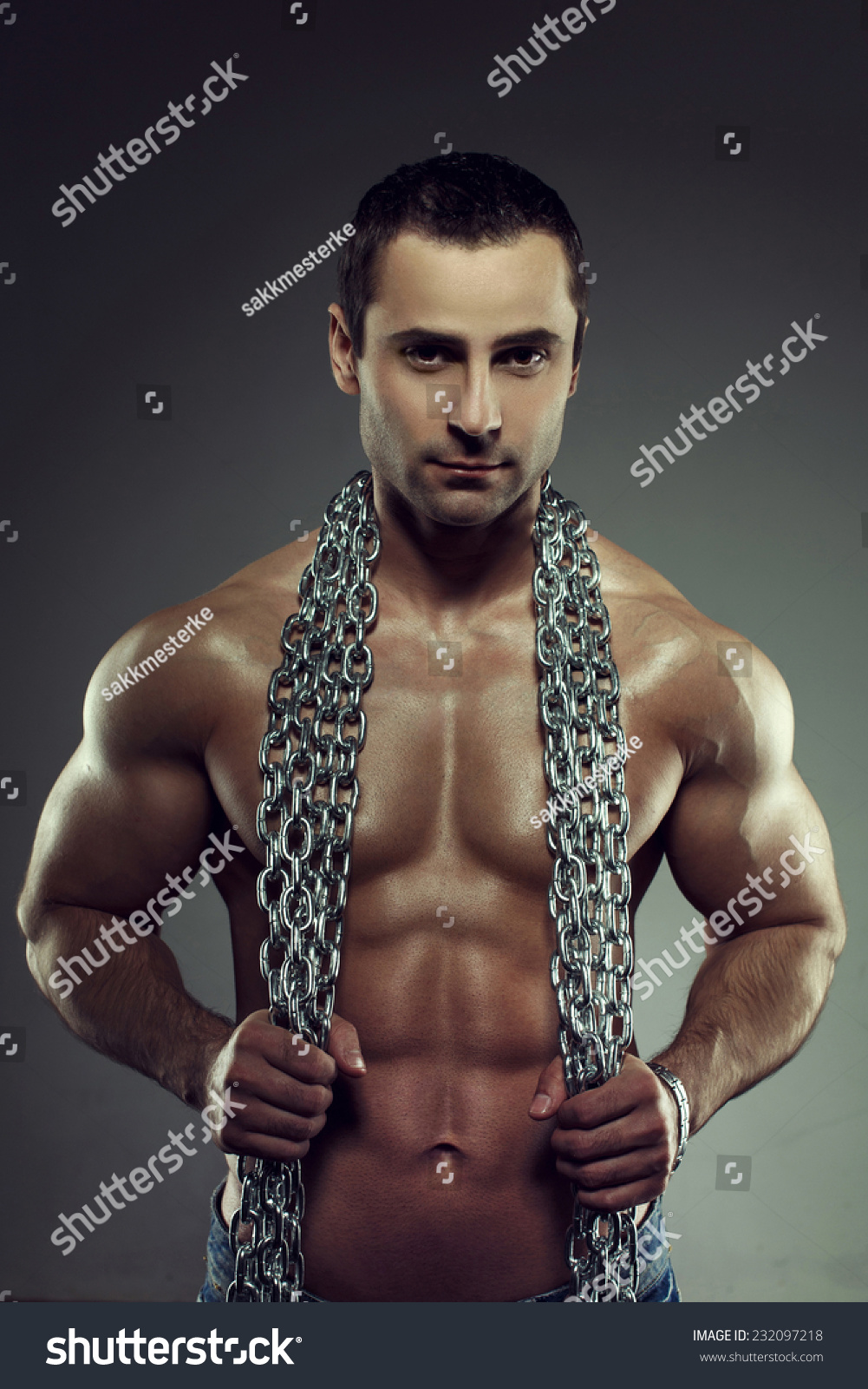 Sexy Muscular Naked Man Chains Portrait Foto Stok 232097218 Shutterstock