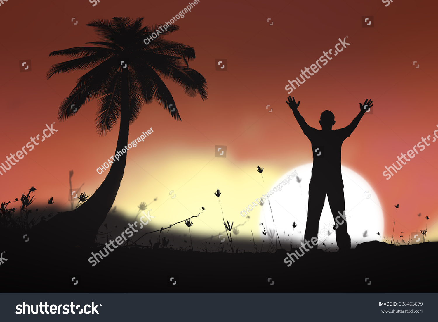 Silhouette Man Hands Raised Beautiful Sunset Stock Photo