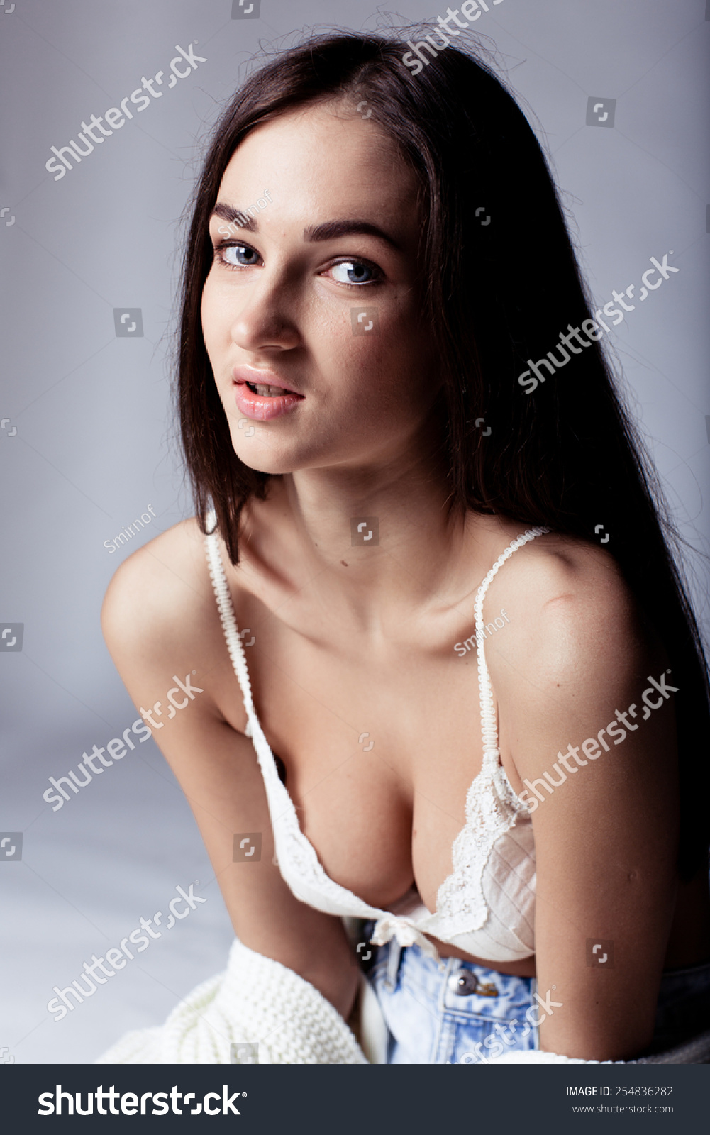 Studio Portrait Sexy Brunette White Lingerie Stock Photo 254836282