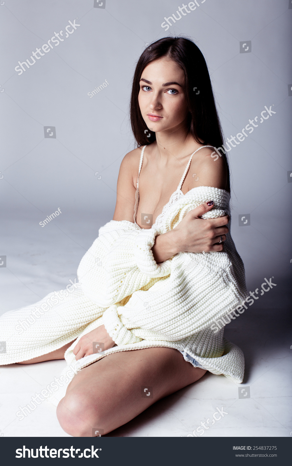 Studio Portrait Sexy Brunette White Lingerie Stock Photo