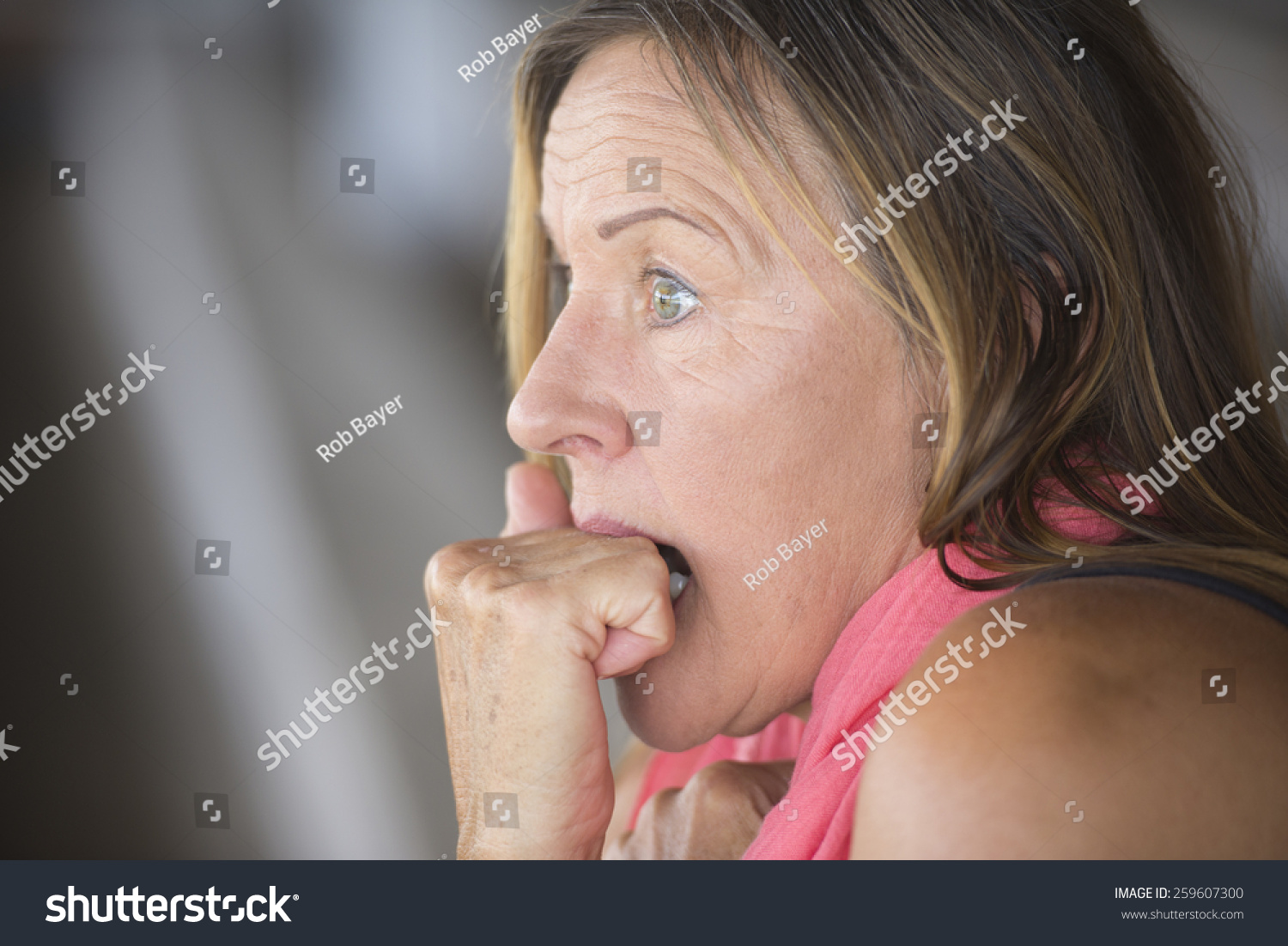 Portrait Scared Mature Woman Fearful Shocked Stock Photo 259607300