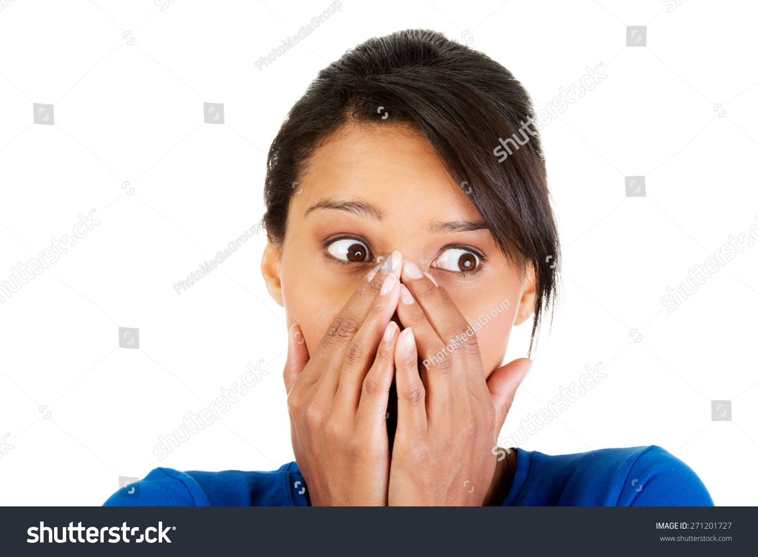 Surprised Woman Covering Hands Her Mouth Stock Photo