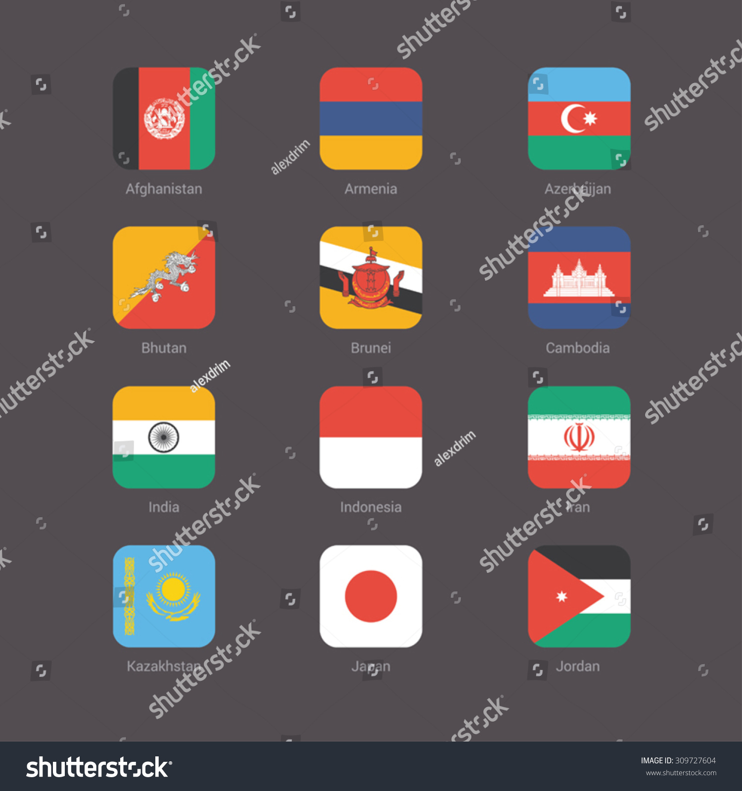 Asian Continent Flags Flat Set Stock Vector Royalty Free 309727604