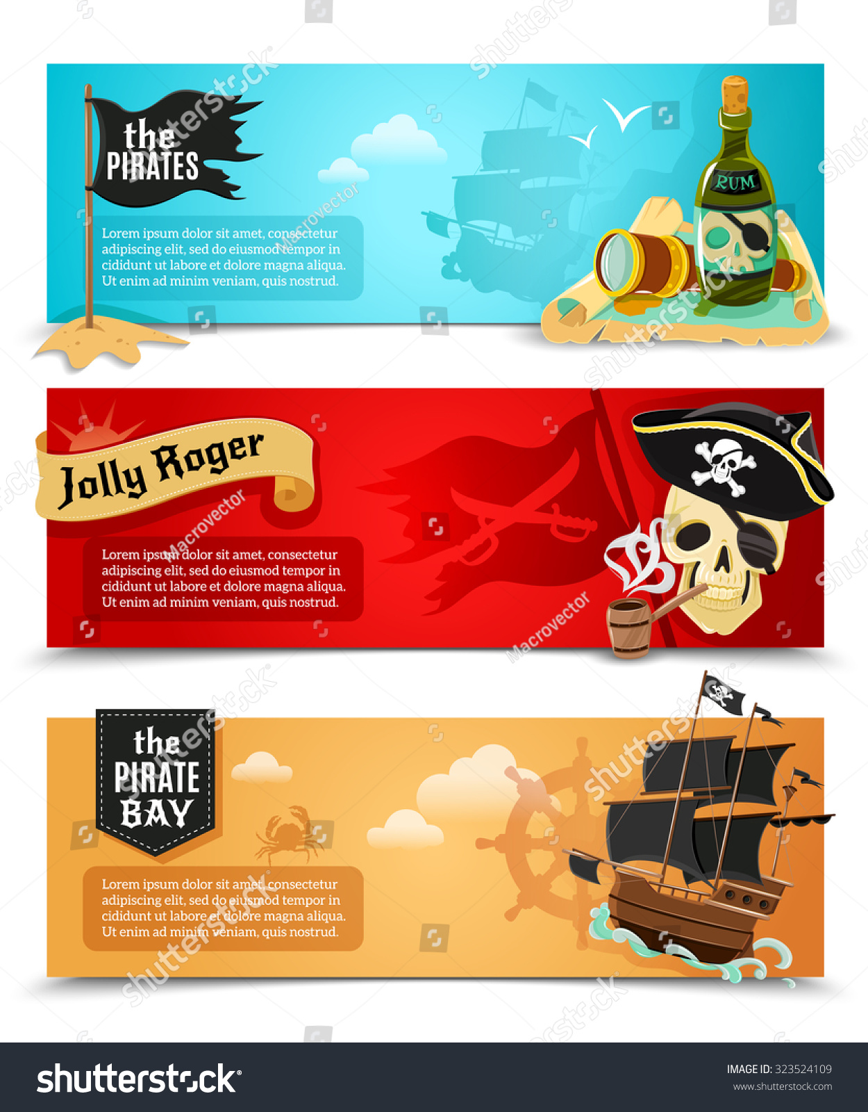 Pirates Flat Banners Set Ship Jolly Stock Vector Royalty Free