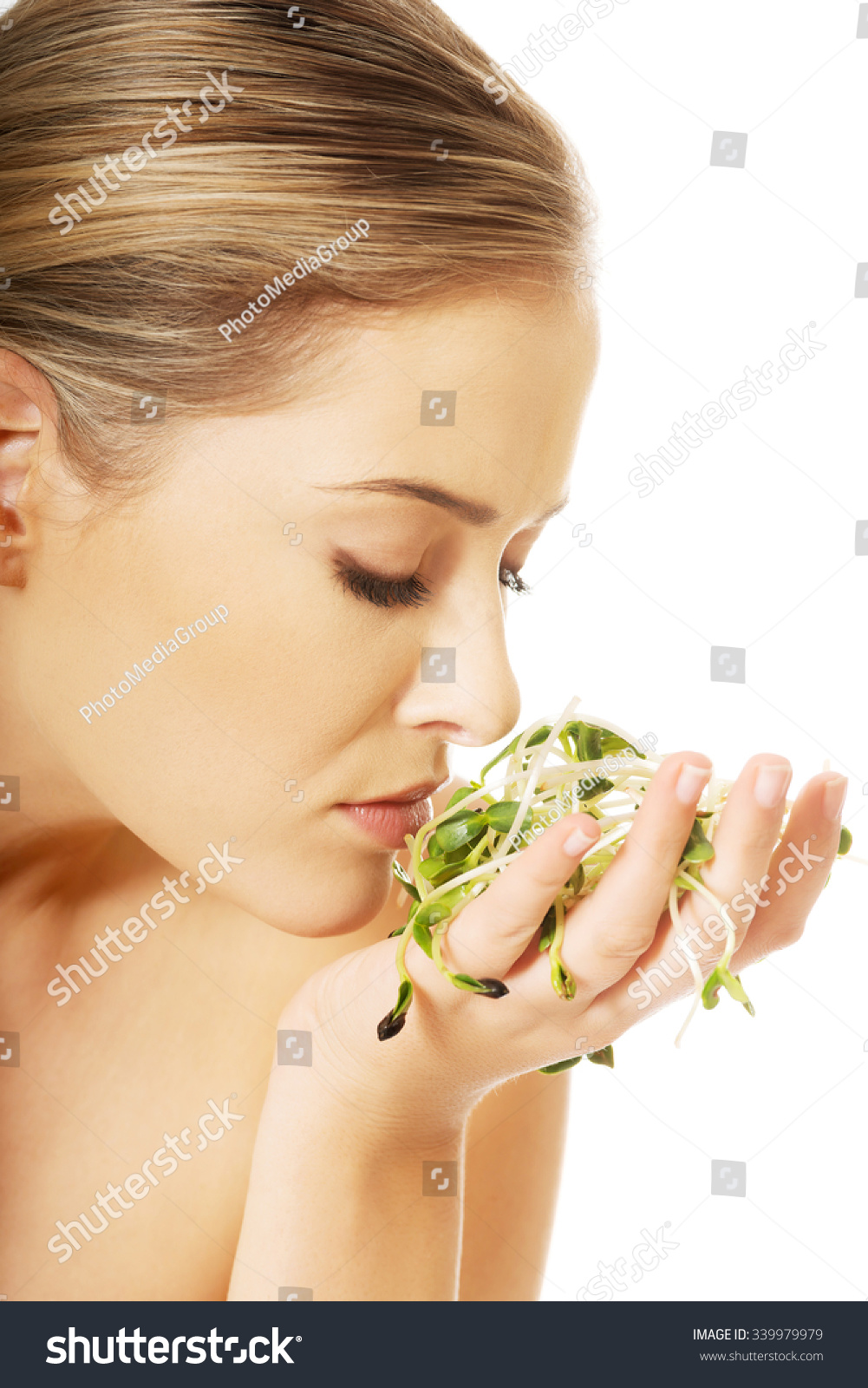 Healthy Nude Woman Smelling Cuckooflower Stock Photo 339979979